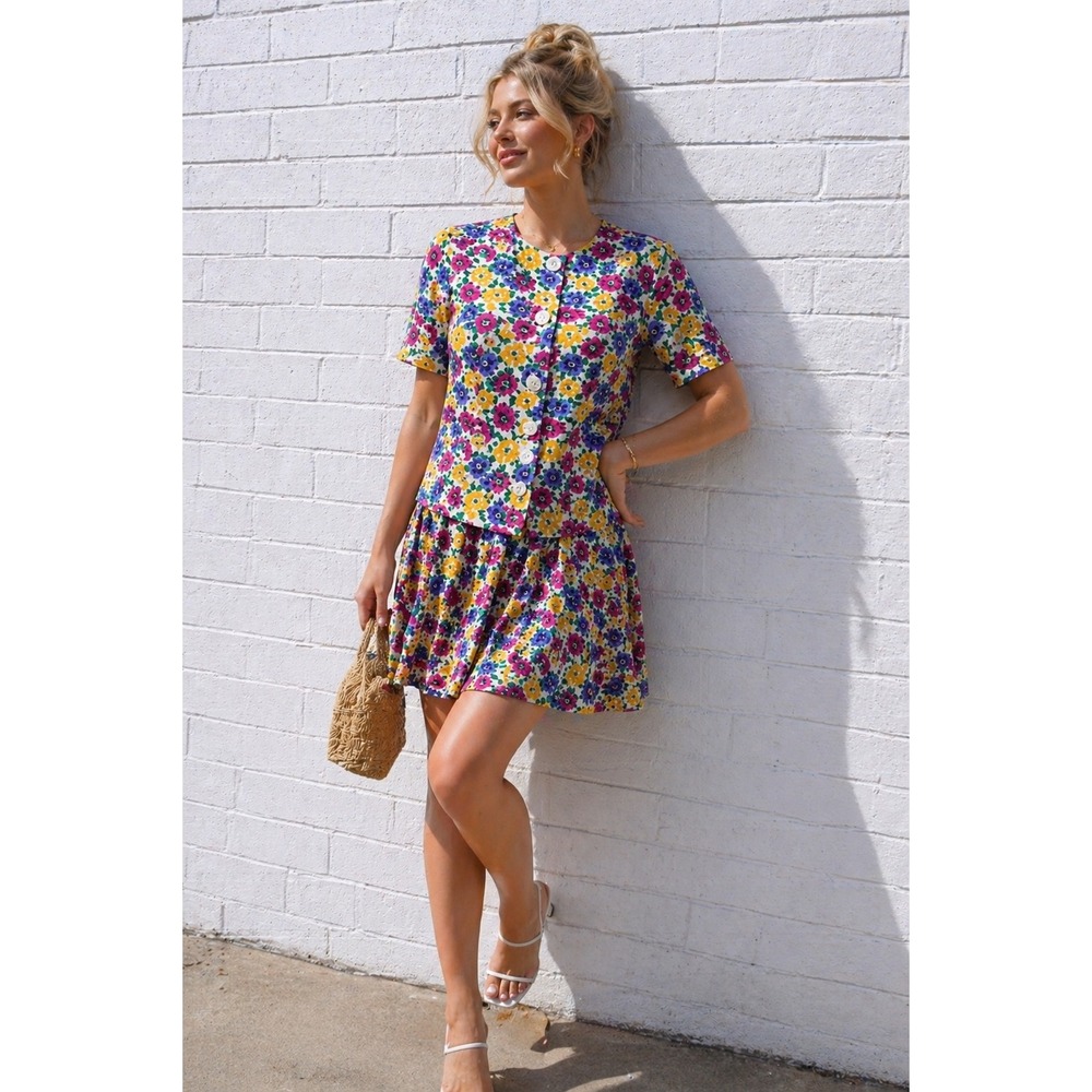 Vintage Leslie Fay Floral Matching Set Button Front Top Skirt 2 Piece 6 - Picture 2 of 10